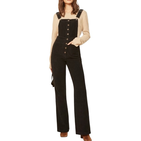 Reformation Cassidy Black Corduroy Overalls Square Neck Relaxed Fit Size 10 - Picture 5 of 11